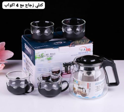 طقم كتلي زجاج مع 4اكواب زجاج ملبس